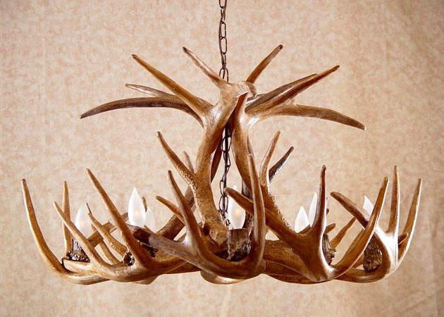 CAST WHITETAIL DEER ANTLER CHANDELIER LAMPS 6 LIGHTS, Rustic Lighitng 